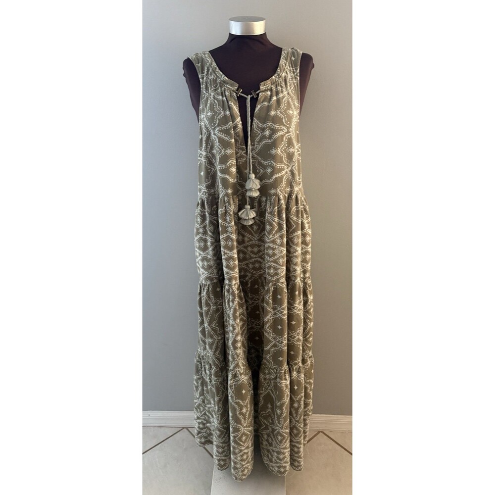 Omika Paolo Maxi Tiered Dress Size XL Green Geometric Tribal Tassel Flowy